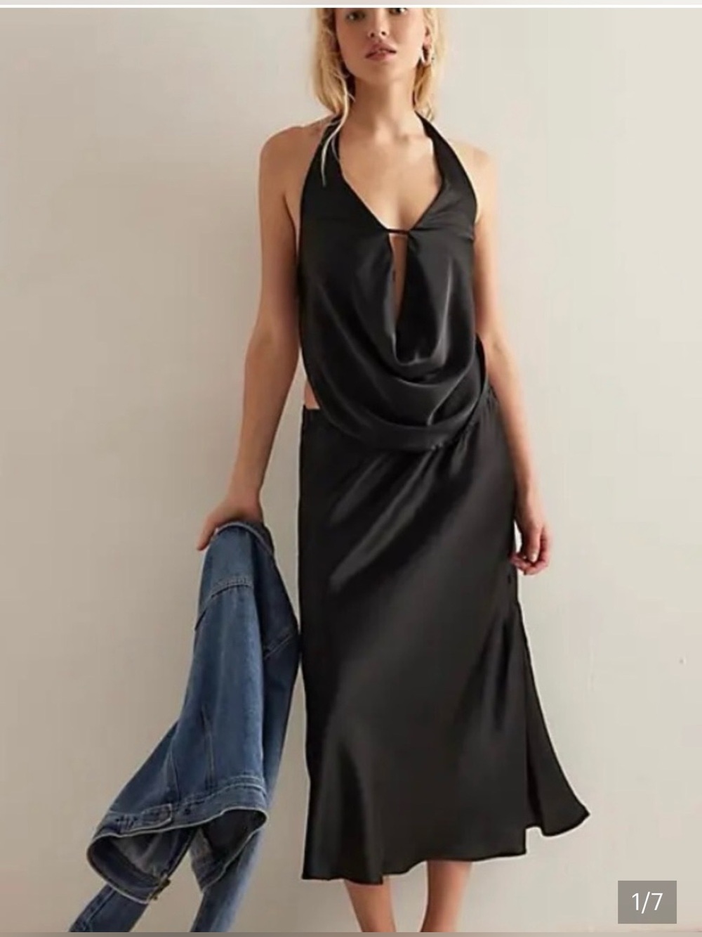 Free People/ Intimately Midnight Black Satin Set-Halter Top Maxi Skirt. Size S